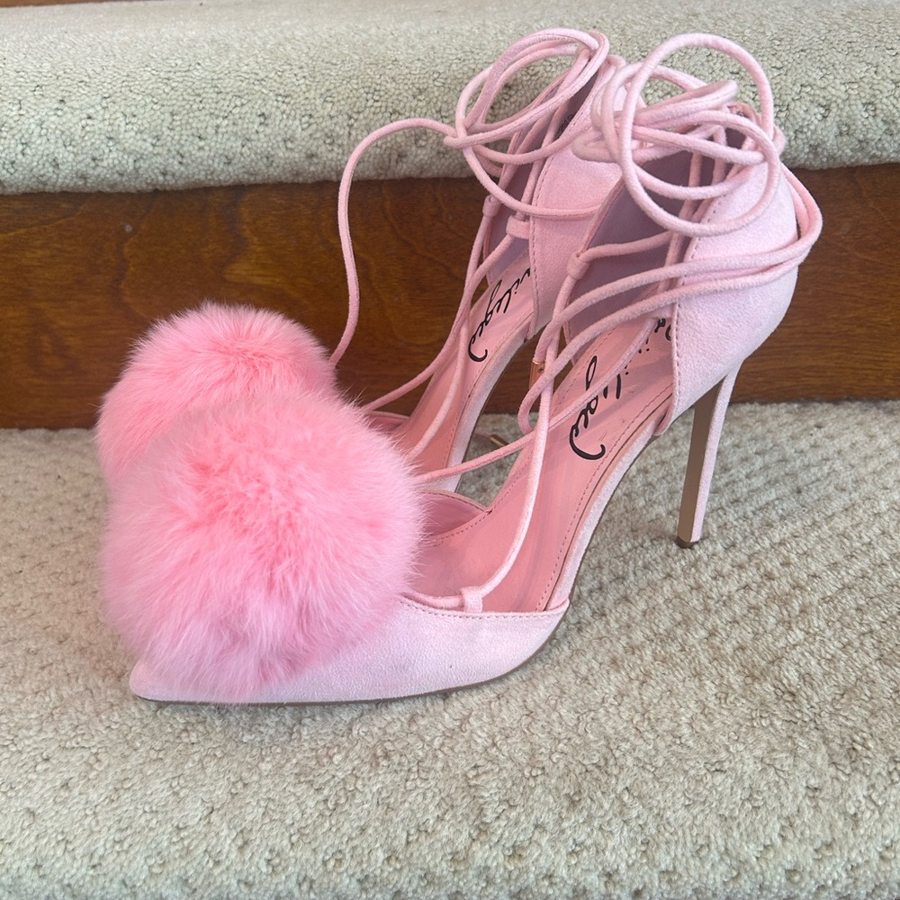 Gorgeous Privileged Suede Pink Pom Pom Heels with Wrap Laces❤️9